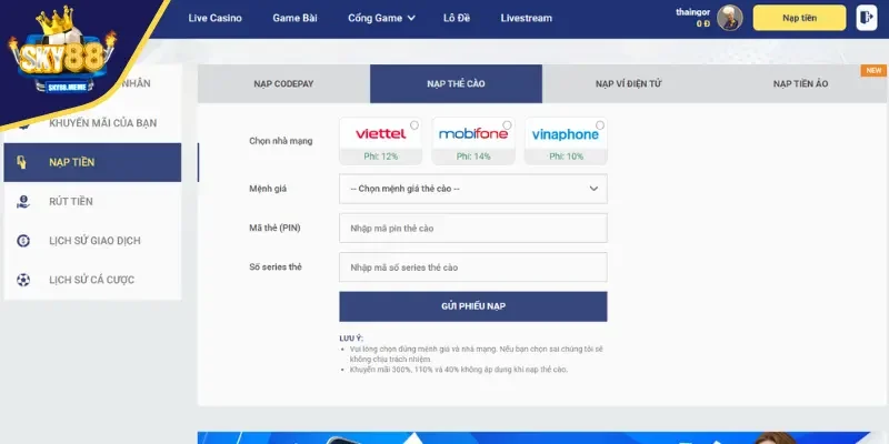 Nạp tiền SKY88 bằng thẻ di động